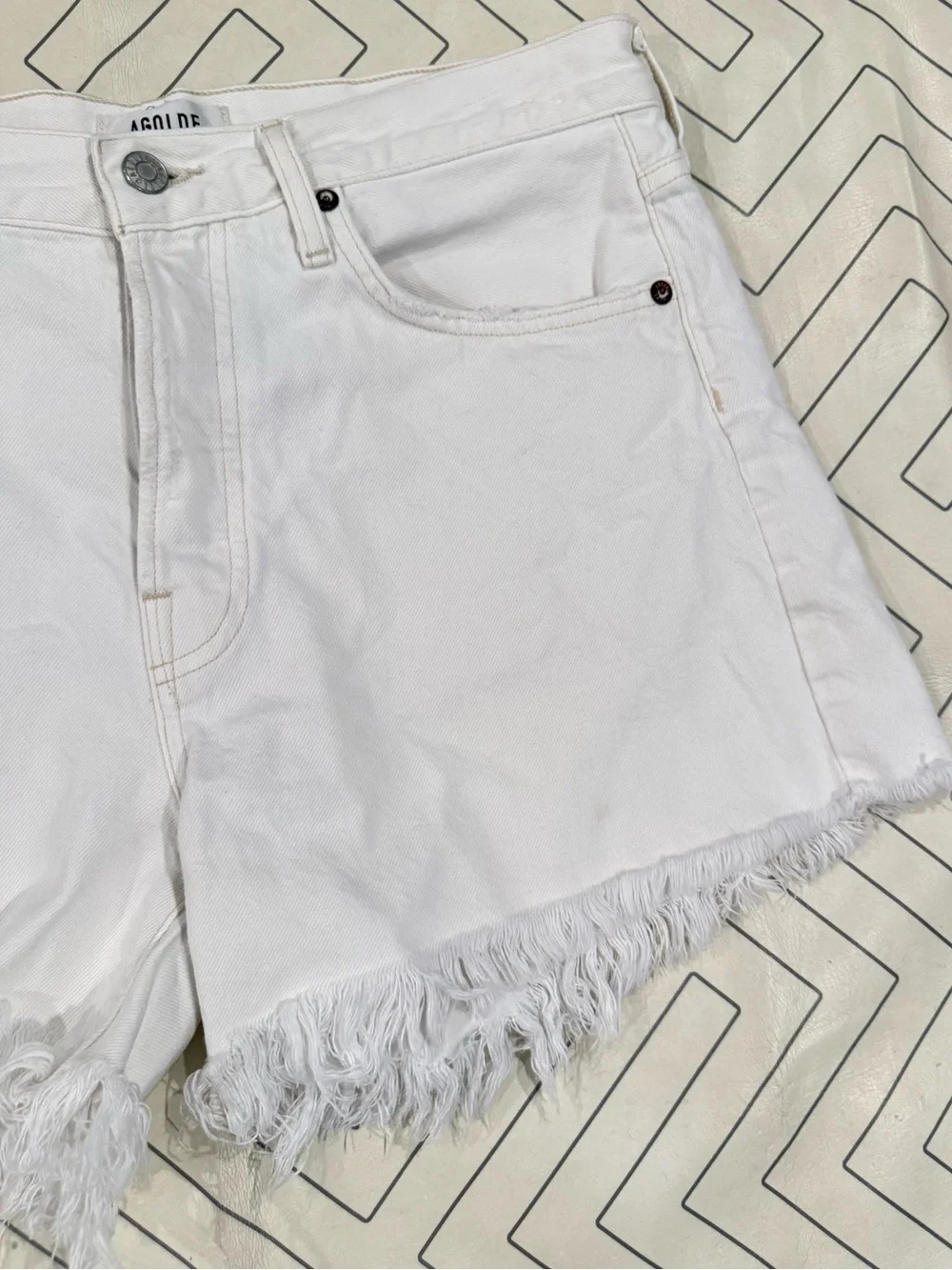 Agolde White Frayed Hem Parker Long Denim Shorts